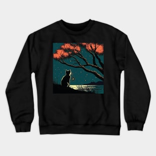 Black Cat Sitting by a Lake on a Starry Night Crewneck Sweatshirt